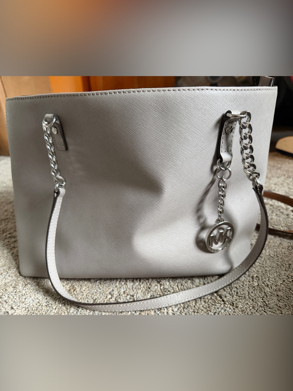 Michael Kors Light Gray Tote with Silver Chain Accents